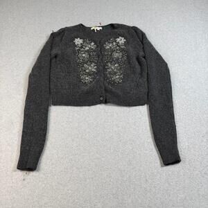 Boden Sweater Women Medium Gray Cardigan Beaded Floral Cropped Twee Artsy Office